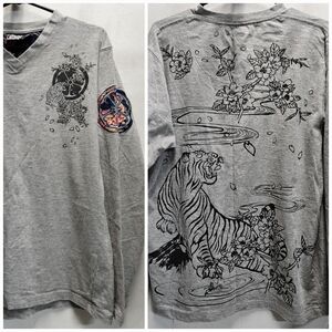 STUDIO HIRO Ydu Co Ltd Grey Longsleeve Tiger 🐅 Japanese Art T-shirt Size Med LL